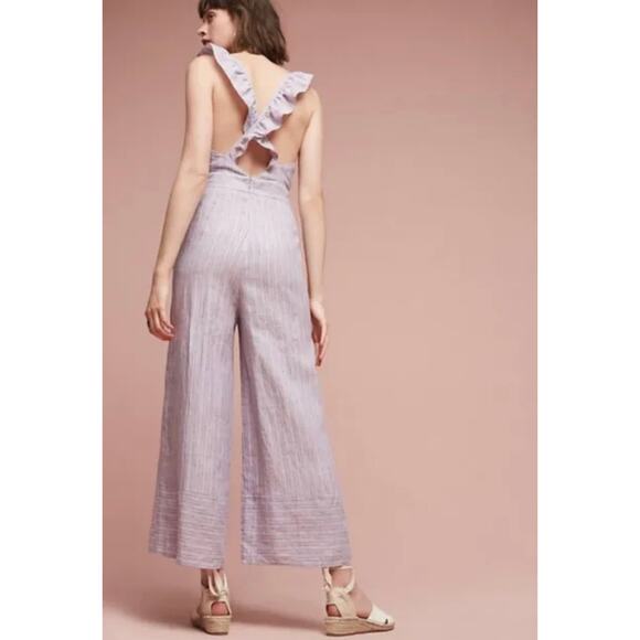 Anthropologie Nantucket Ruffled Jumpsuit Elevenses Size 8 Stripe Pink Lavender - Picture 4 of 16